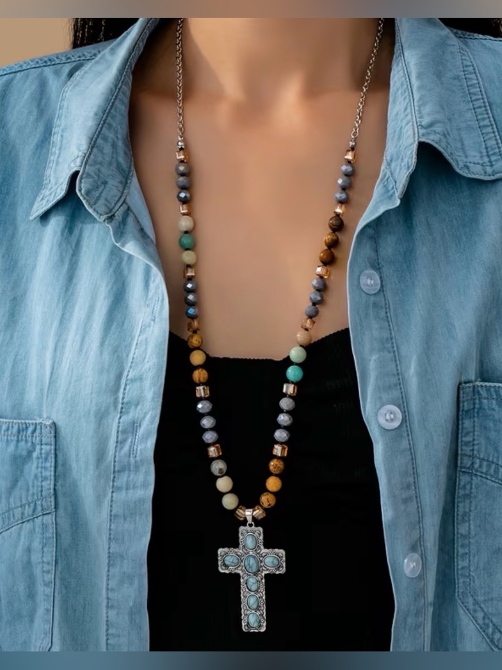 Western Boho Beaded Cross Pendant Necklace in Turquoise and Brown